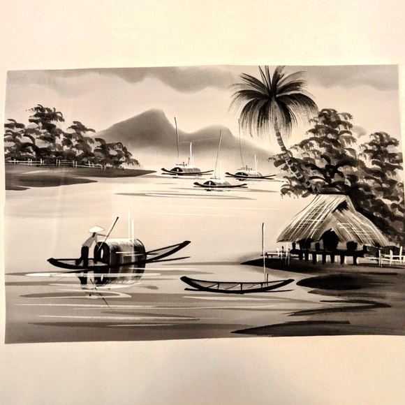 Vintage Black & White Asian Silk Painting – River Village Scene - Picture 1 of 5